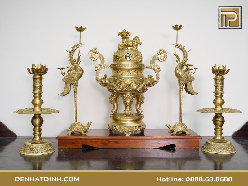 Bộ đỉnh đồng ngũ sự Song Long Tứ Linh Phụng Gia Tiên 65cm - Màu đồng Catut