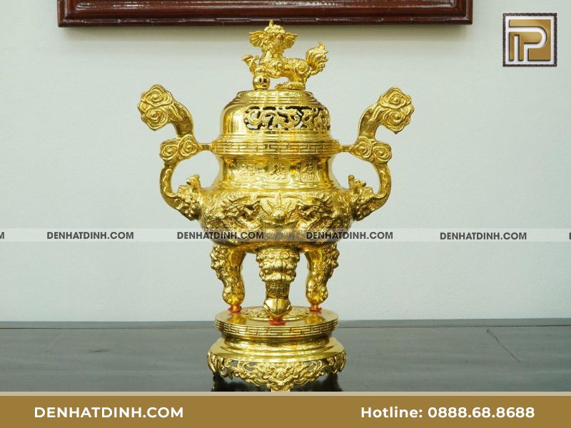 Bộ đỉnh đồng cattut Song long chầu nguyệt đỉnh cao 57cm (3 chữ ) dát vàng toàn bộ